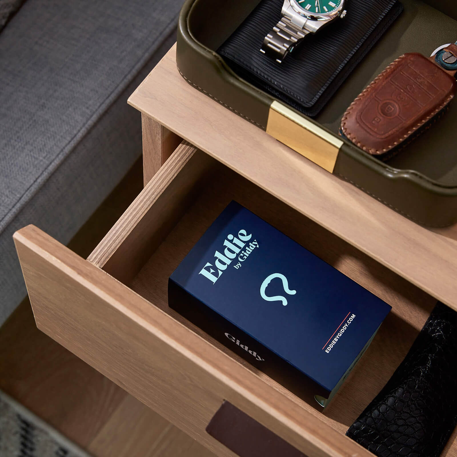 Eddie Product Box Shown in Nightstand Drawer